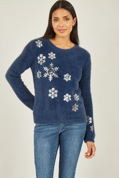 Navy Sequin Snowflake Fluffy Jumper