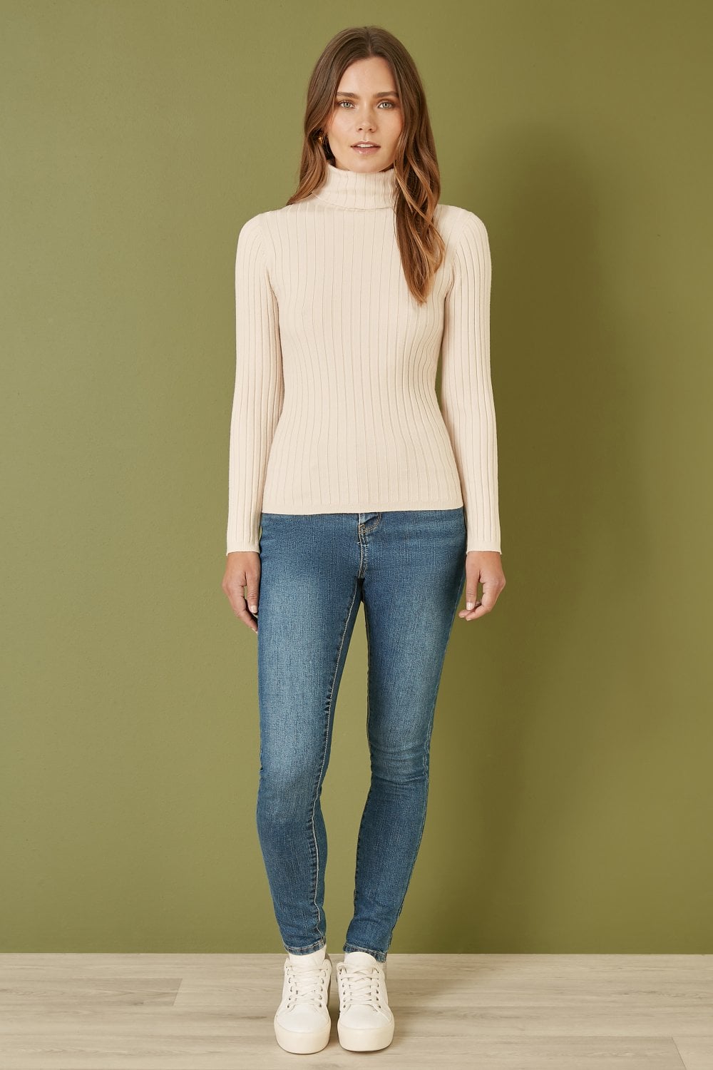 Oatmeal Ribbed Knit Roll Neck Jumper