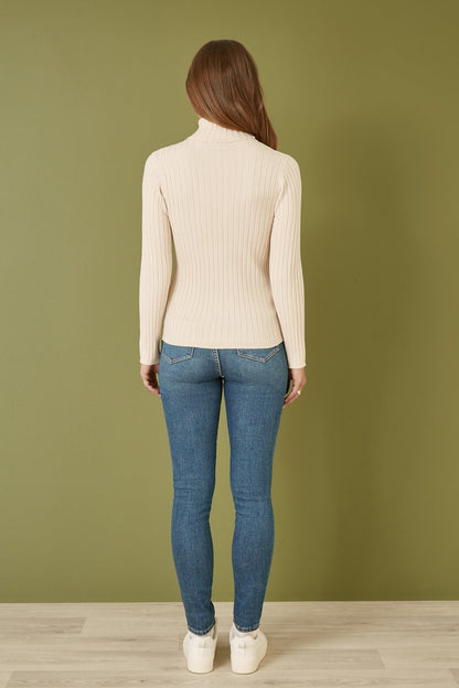 Oatmeal Ribbed Knit Roll Neck Jumper
