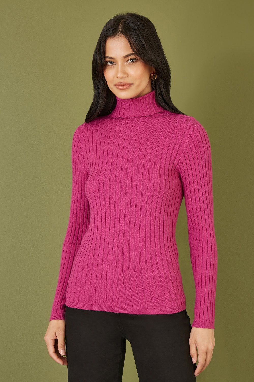 Pink Ribbed Knit Roll Neck Jumper
