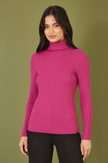 Pink Ribbed Knit Roll Neck Jumper
