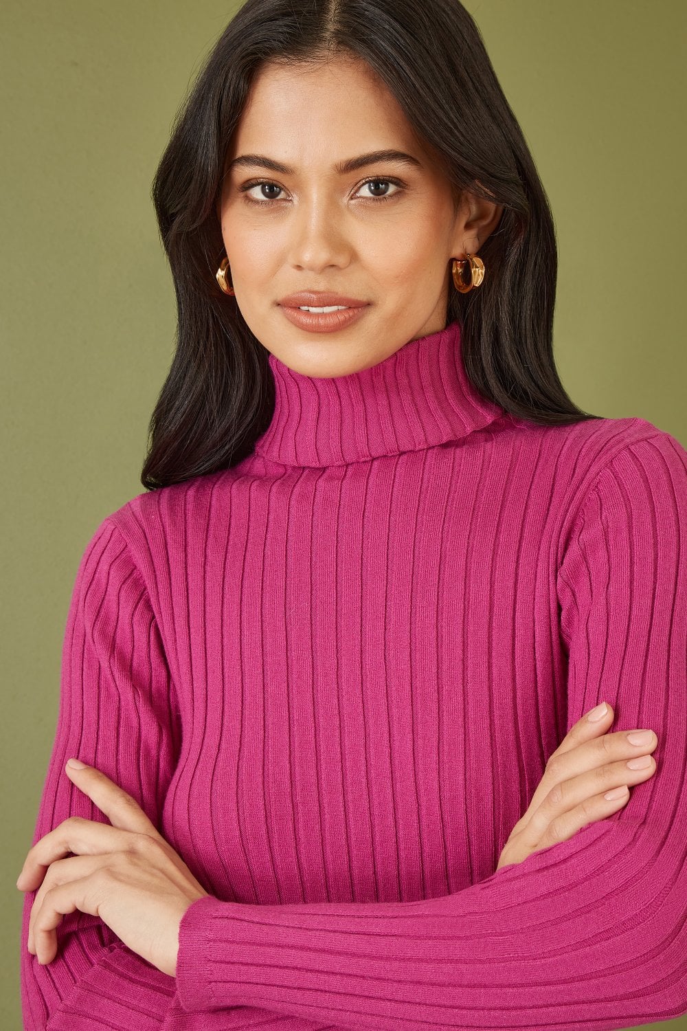 Pink Ribbed Knit Roll Neck Jumper