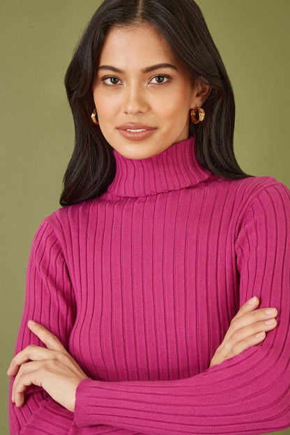 Pink Ribbed Knit Roll Neck Jumper