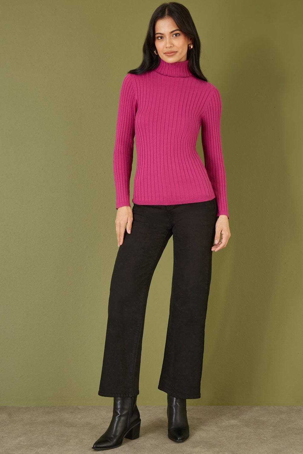 Pink Ribbed Knit Roll Neck Jumper