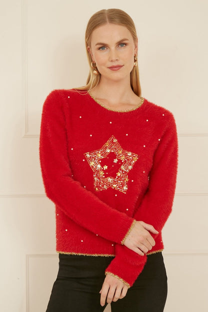 Red Fluffy Star Christmas Jumper
