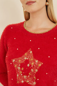 Red Fluffy Star Christmas Jumper