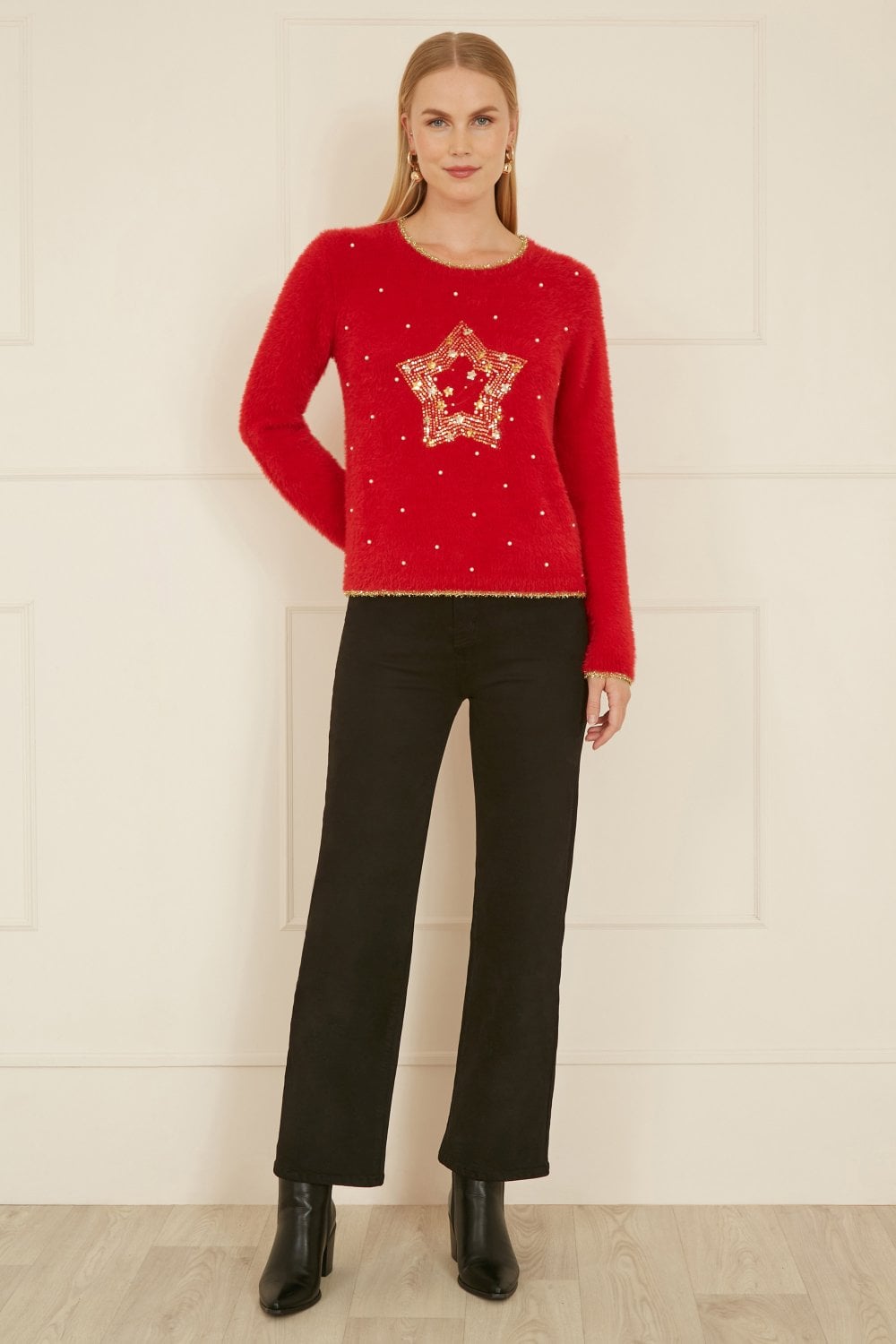 Red Fluffy Star Christmas Jumper