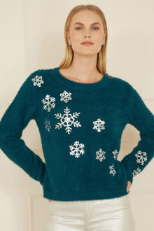 Teal Sequin Snowflake Fluffy Jumper