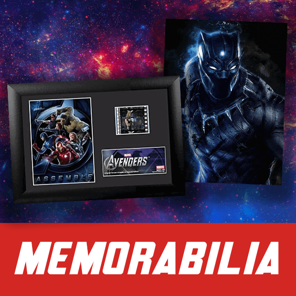 Avengers-themed memorabilia with superhero image and 'Memorabilia' text on a cosmic background