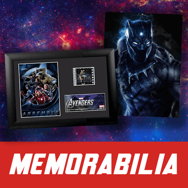 Avengers-themed memorabilia with superhero image and 'Memorabilia' text on a cosmic background