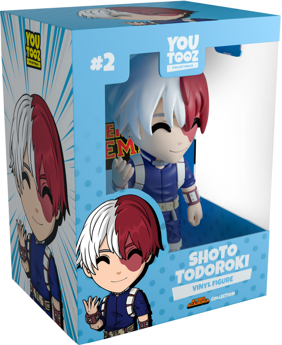 Boxed vinyl figure of Shoto Todoroki from My Hero Academia, featuring blue and white design with character illustration.