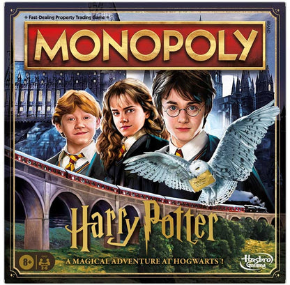 Monopoly Harry Potter board game box with characters and owl on a bridge