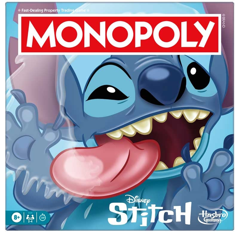 Monopoly game box featuring Disney's Stitch with a tongue out expression.