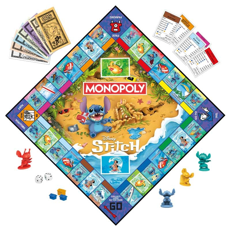 Monopoly game board featuring Disney's 'Lilo & Stitch' with characters and elements on a white background.