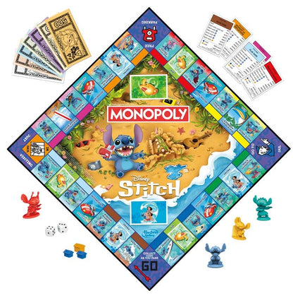 Monopoly game board featuring Disney's 'Lilo & Stitch' with characters and elements on a white background.