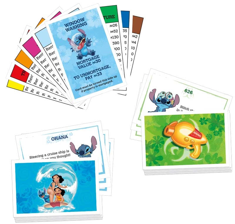 Collection of Manopoly cards featuring animated characters from Lilo & Stitch on a white background