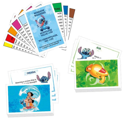 Collection of Manopoly cards featuring animated characters from Lilo & Stitch on a white background