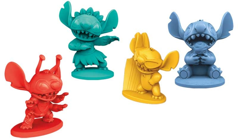 Four colorful cartoon character Stitch  figurines on a white background