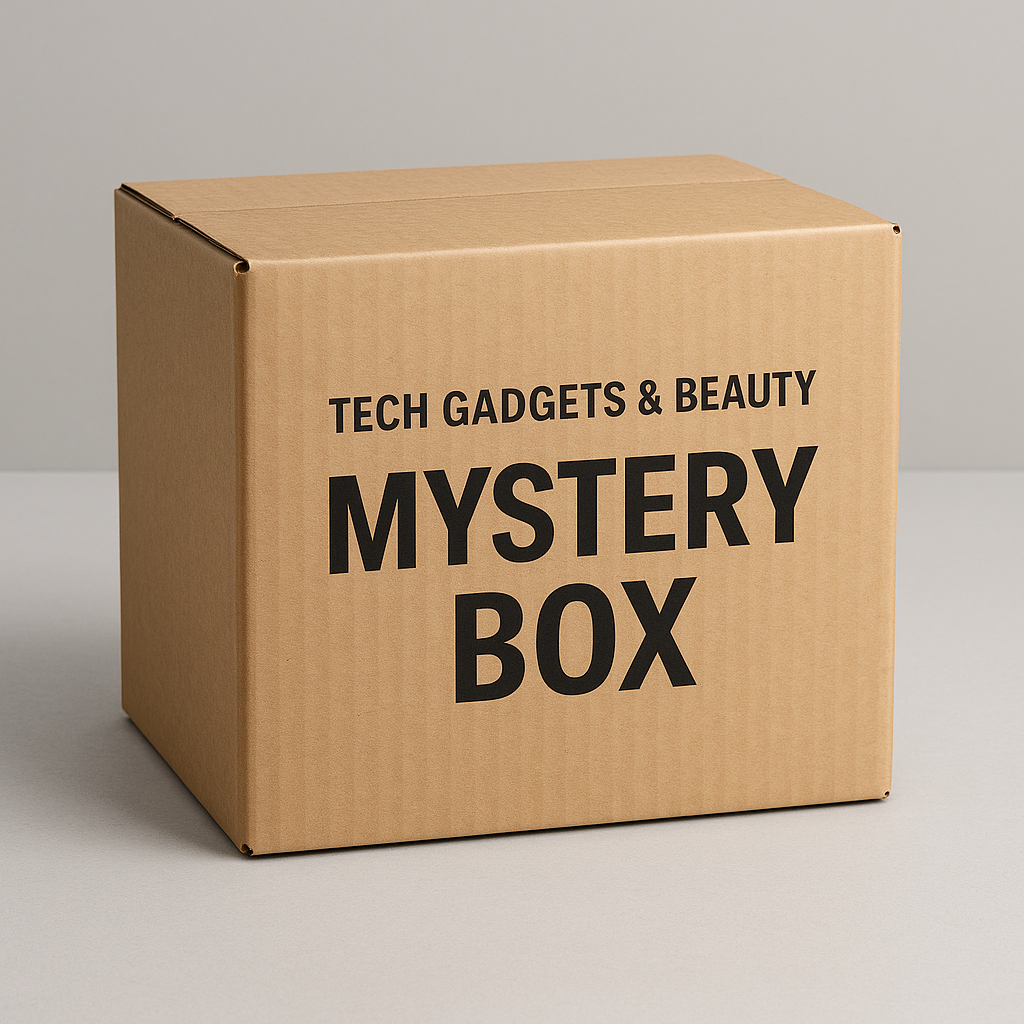 Cardboard mystery box with 'Tech Gadgets & Beauty' text on a gray background