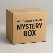Cardboard mystery box with 'Tech Gadgets & Beauty' text on a gray background