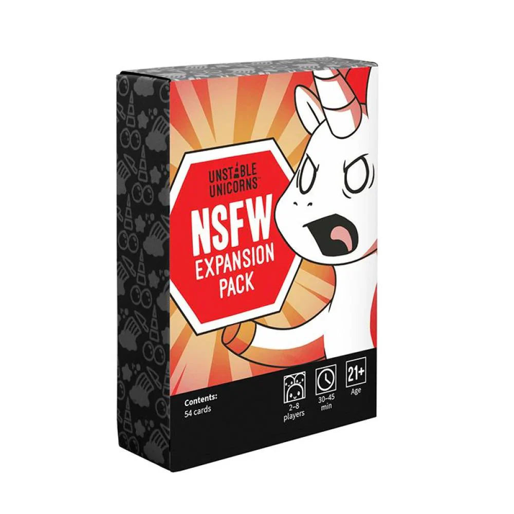 Unstable Unicorns NSFW Expansion Pack box with cartoon unicorn on a white background