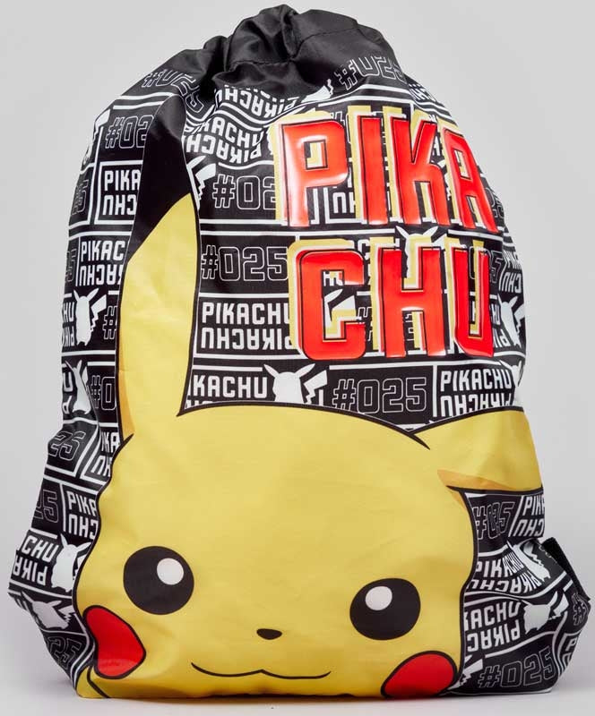 Draw string bag with Pikachu design and 'Pikachu' text on a gray background