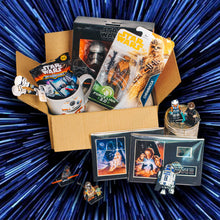 Collection of Star Wars-themed items in a box with a blue and black background