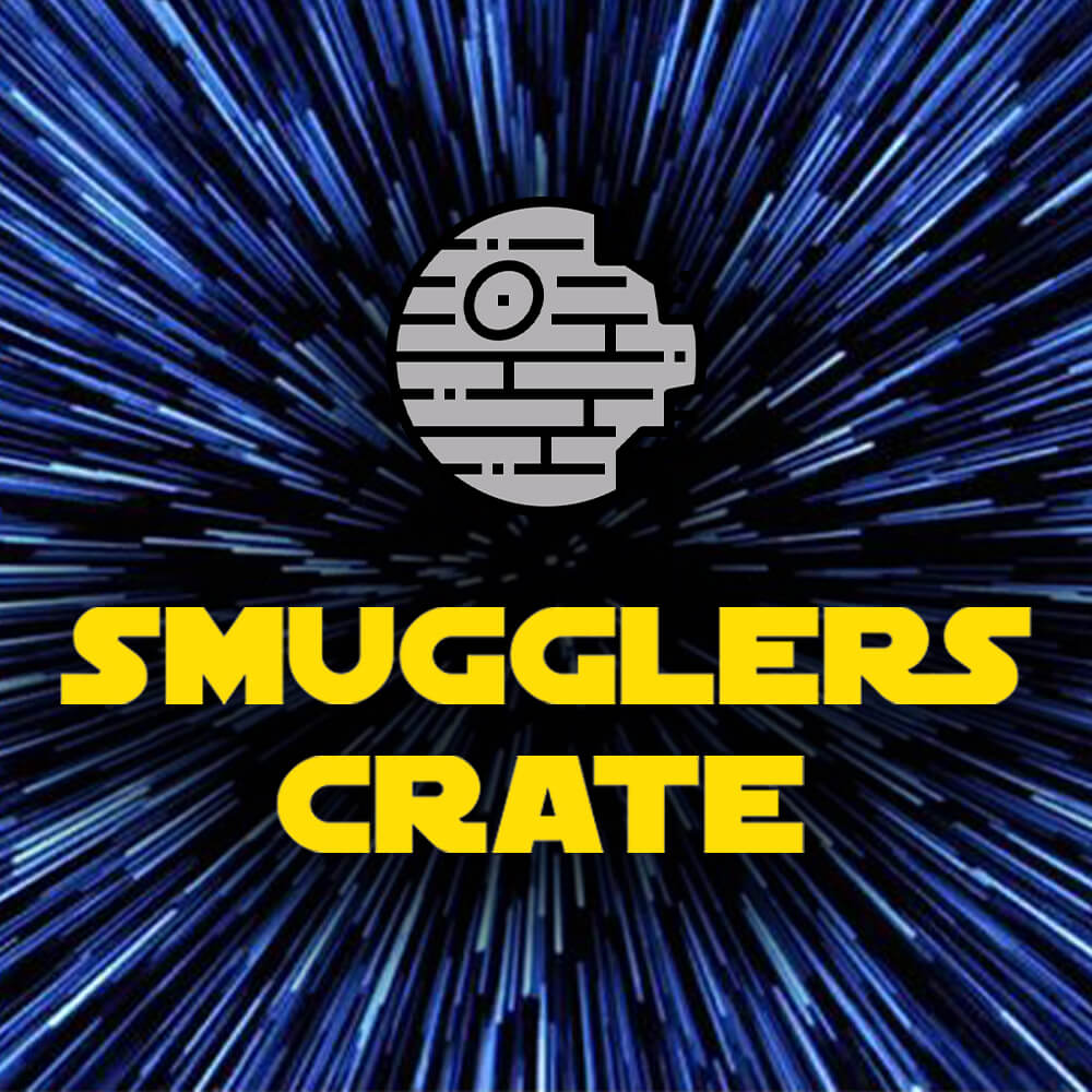 Logo of 'Smugglers Crate' with a stylized Death Star on a blue radial background.