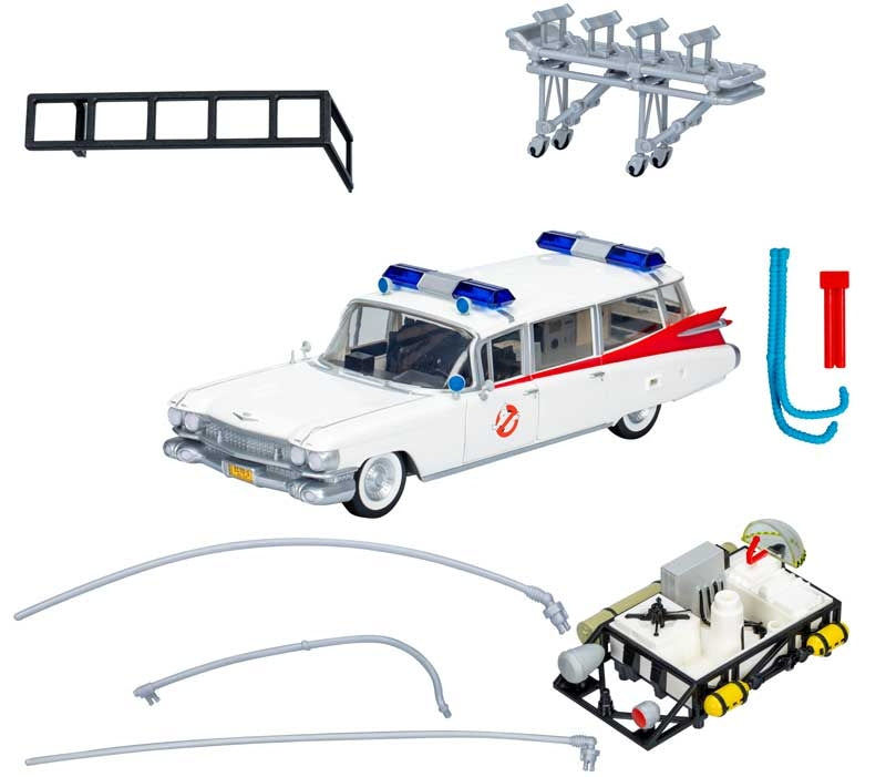 Toy ambulance set with various components on a white background