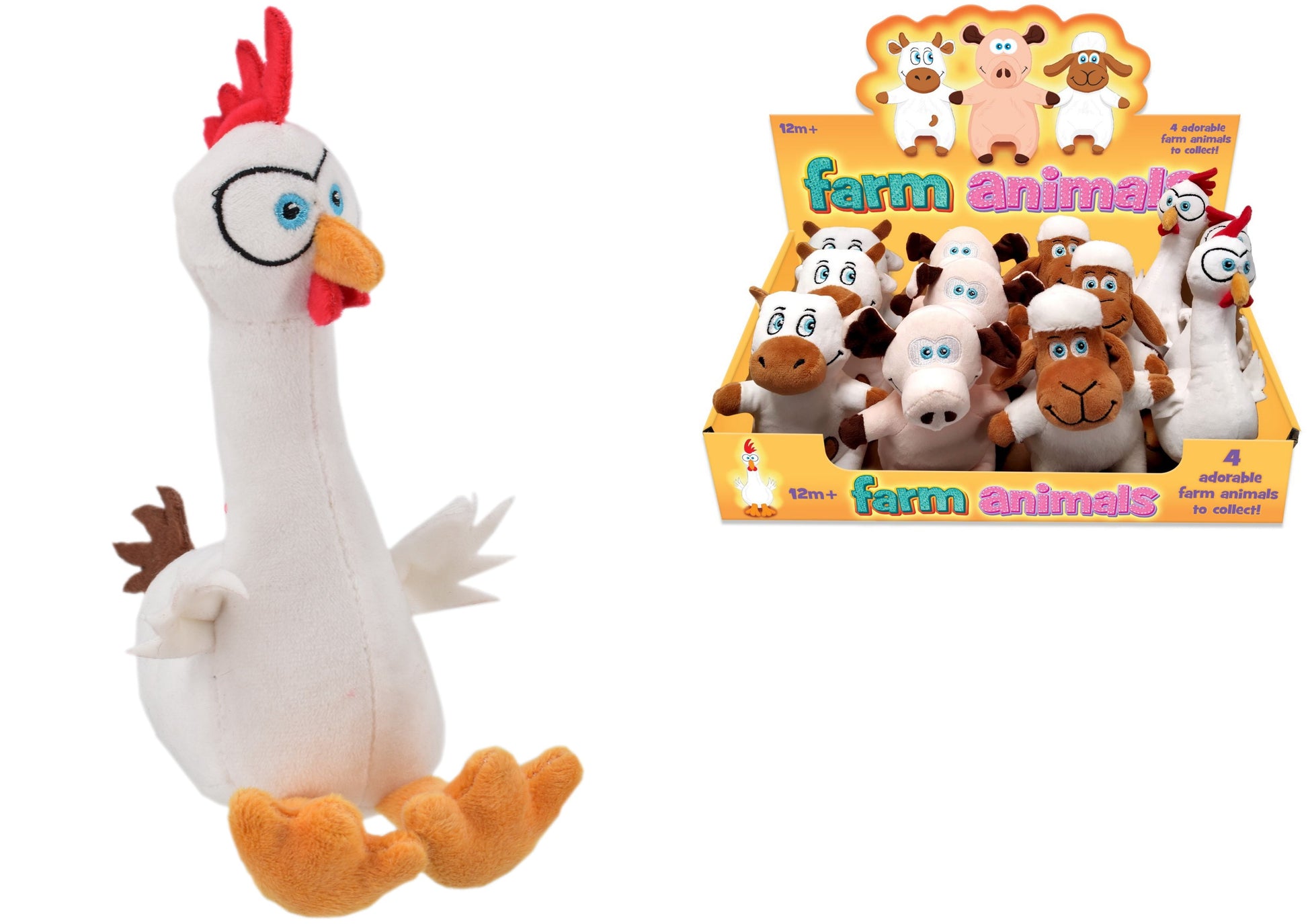 Plush toy chicken next to a box of farm animal plush toys