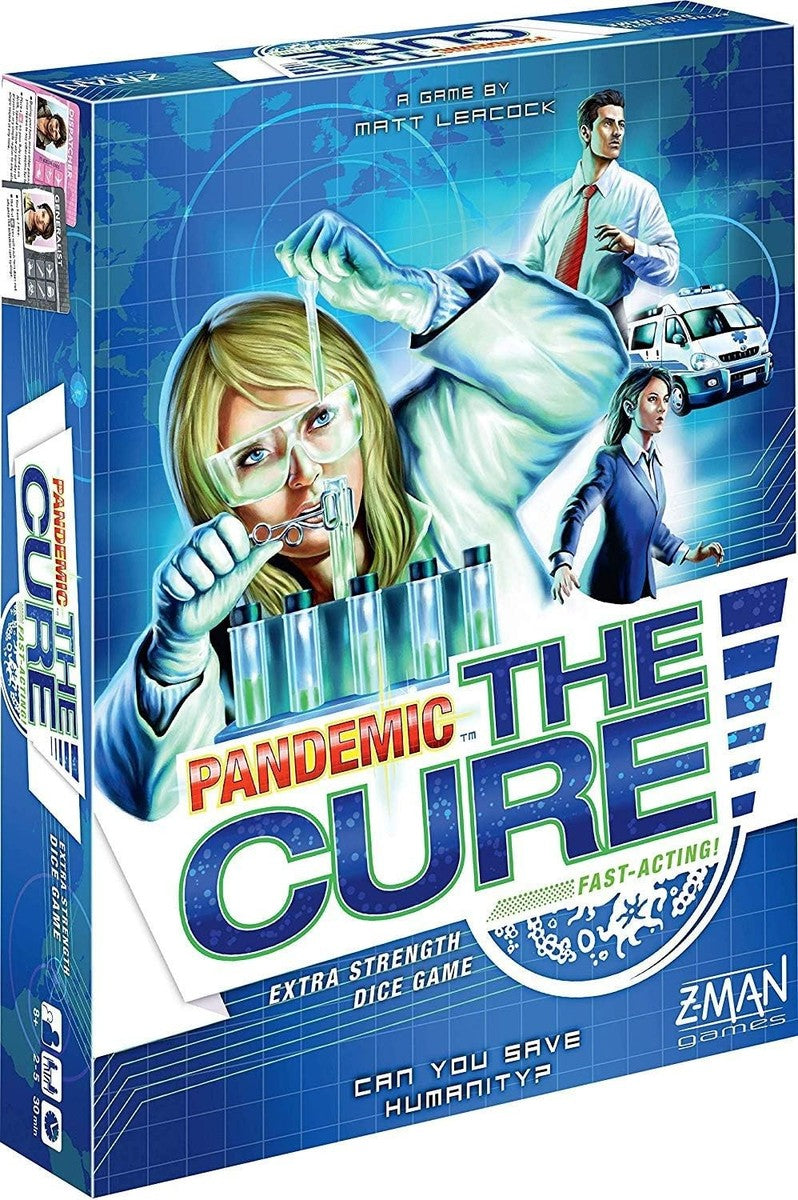 Board game box for 'Pandemic: The Cure' with characters and medical theme.