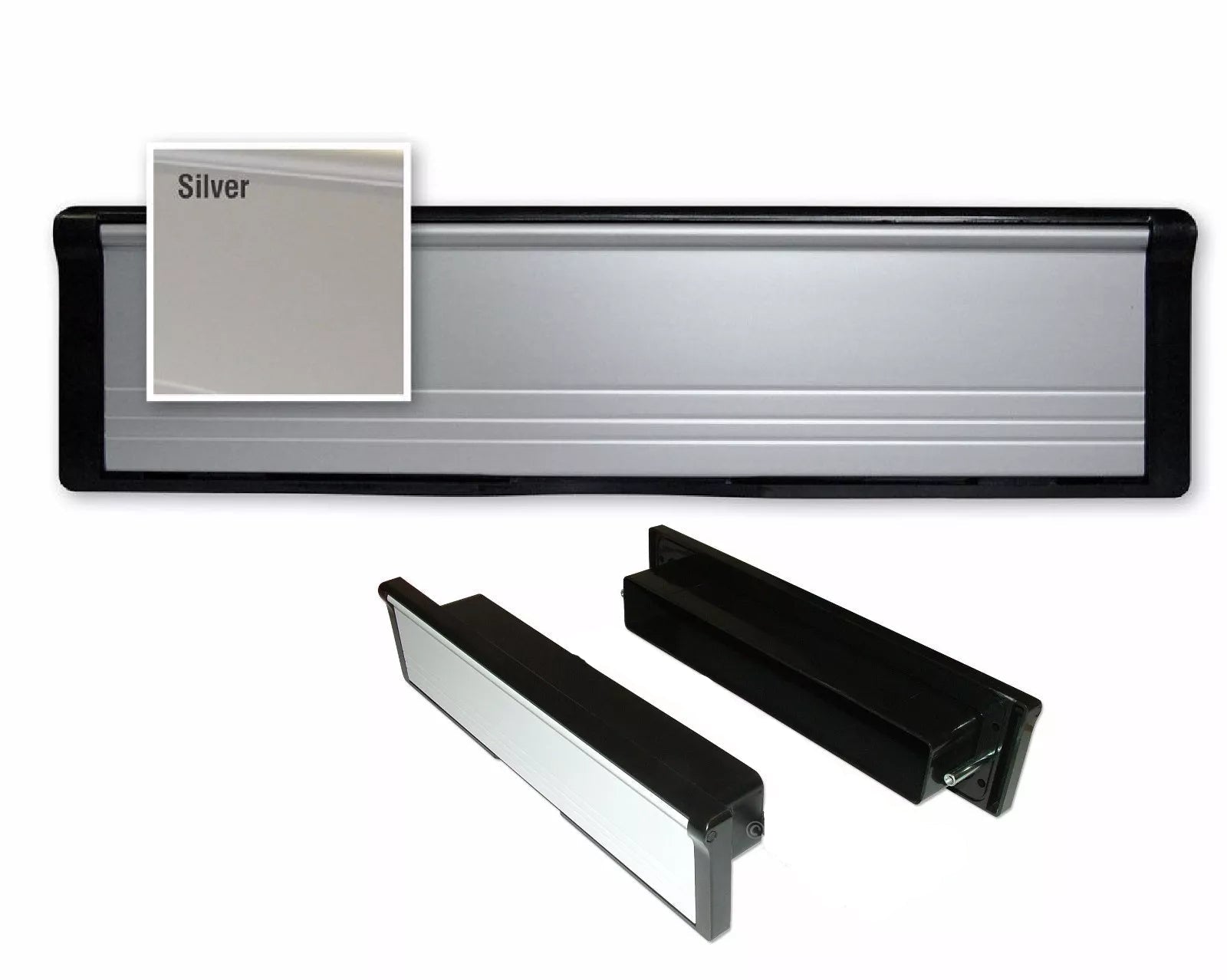 Metallic strip with black ends and mounting hardware on a white background
