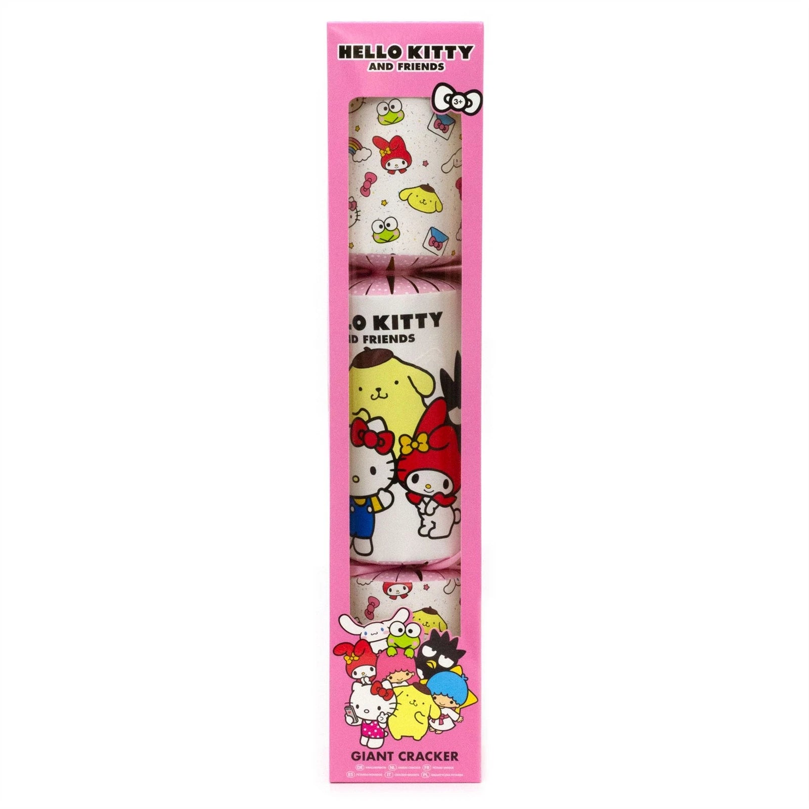 Packaged Hello Kitty and friends giant cracker with colorful characters on a pink background