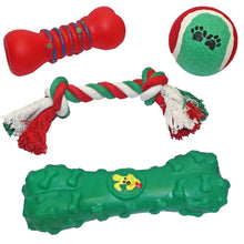 Set of dog toys including a red bone, green chew toy with a duck design, and a rope toy with a ball on a white background.