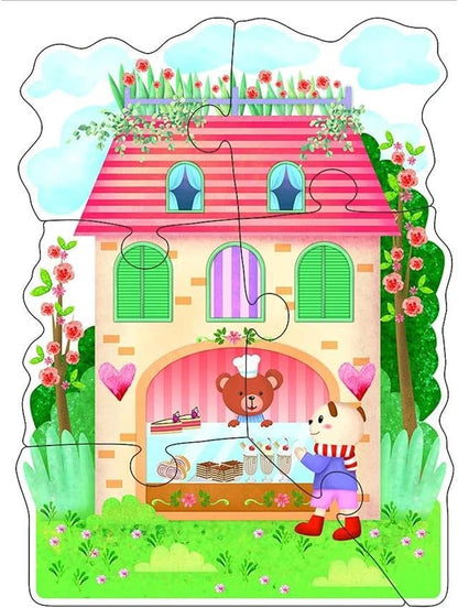 Children's puzzle with a cartoon house, teddy bear, and cat in a garden setting.