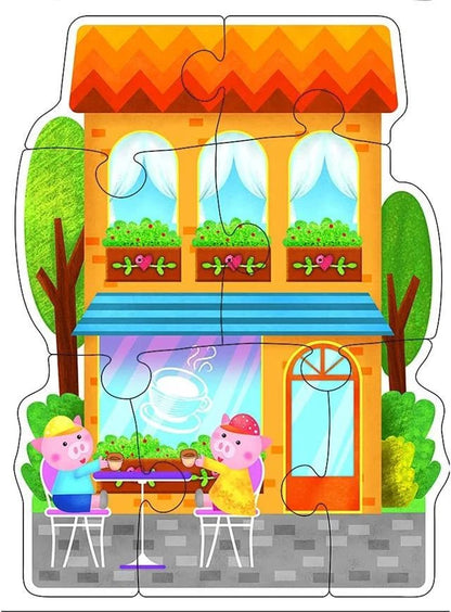 Children's puzzle with a cartoon house and two pigs sitting at a table.