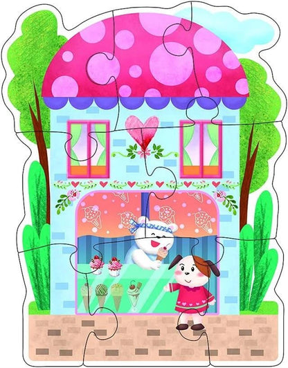 Children's puzzle with a cartoon house and characters, featuring a pink roof and blue walls.