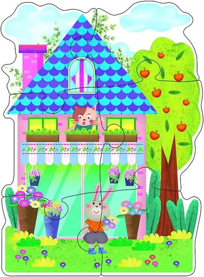 Children's puzzle with a colorful house, cat, and rabbit in a garden setting.