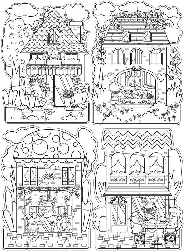 Set of four illustrated houses with different architectural styles and small figures in a garden setting.