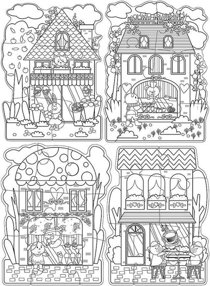 Set of four illustrated houses with different architectural styles and small figures in a garden setting.