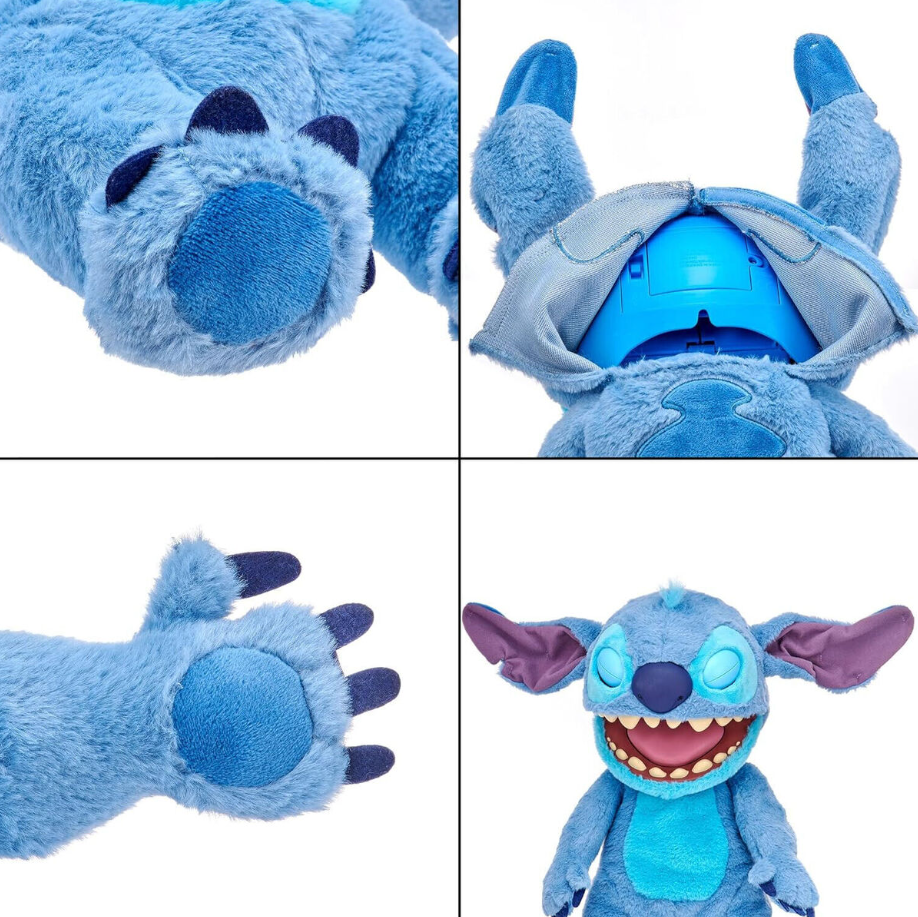 Collage of a blue plush toy with a smiling face and open mouth, showing different parts like paw and head.