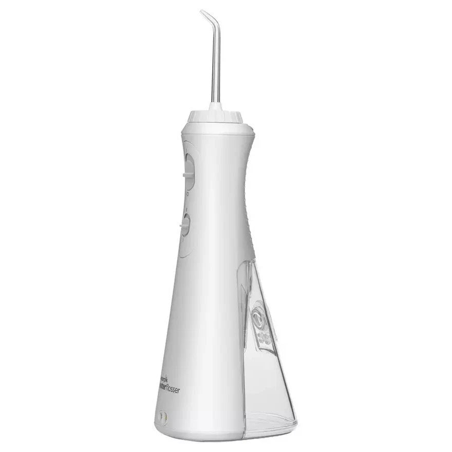 Waterpik Cordless Plus rechargeable water flosser in white. Powerful, portable, and adjustable for superior oral hygiene. Shop now at New, Used and More!