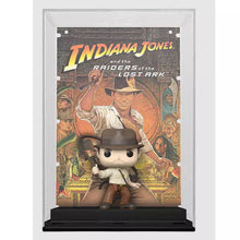 Funko Pop! Indiana Jones figure in front of 'Raiders of the Lost Ark' movie poster