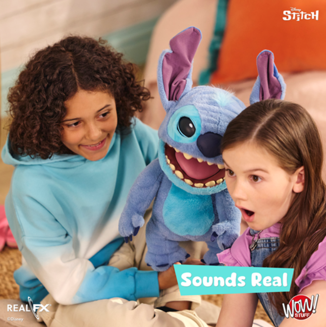 Two children playing with a plush toy resembling a character from 'Lilo & Stitch', with the Disney logo visible.
