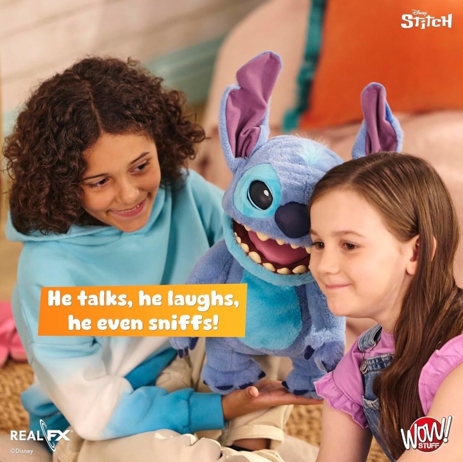 Two children playing with a plush toy resembling a character from Disney, with promotional text about the toy's features.