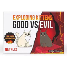 Board game box for 'Exploding Kittens: Good vs Evil' featuring two cats and Netflix branding.