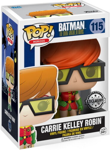 Funko Pop! vinyl figure packaging of Carrie Kelley Robin with orange hair and goggles, exclusive item.