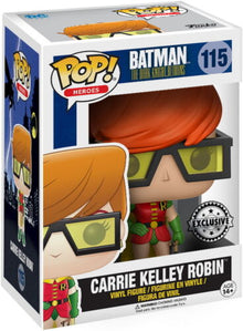 Funko Pop! vinyl figure packaging of Carrie Kelley Robin with orange hair and goggles, exclusive item.