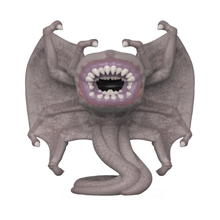 Gray bat-like creature with a wide open mouth on a white background