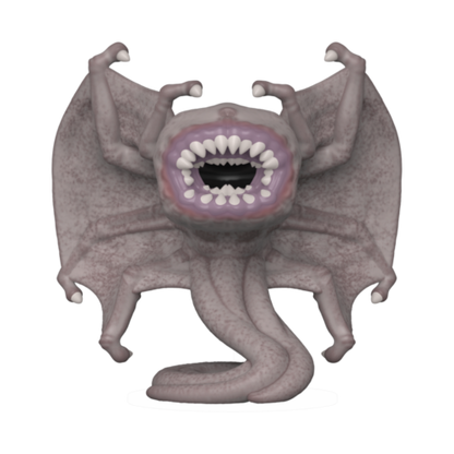 Gray bat-like creature with a wide open mouth on a white background